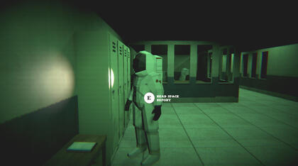 A screenshot from the game Moon's Haunted. The main character, Tom Spaceman, stands in the entrance area of the Moon Base. There is a prompt on screen telling the player to press E to read a note.