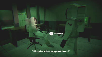 A screenshot from the game Moon's Haunted. The main character, Tom Spaceman, is looking at a dead body of one of the moon base's crew members. The crew member has been stabbed in the chest with a kitchen knife. Tom wonders what happened here to cause this